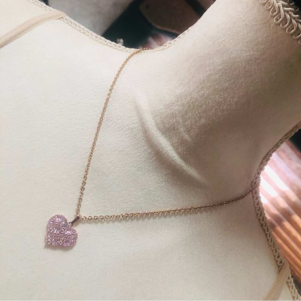 Baguette and round pink stone pave heart rose gold on chain necklace